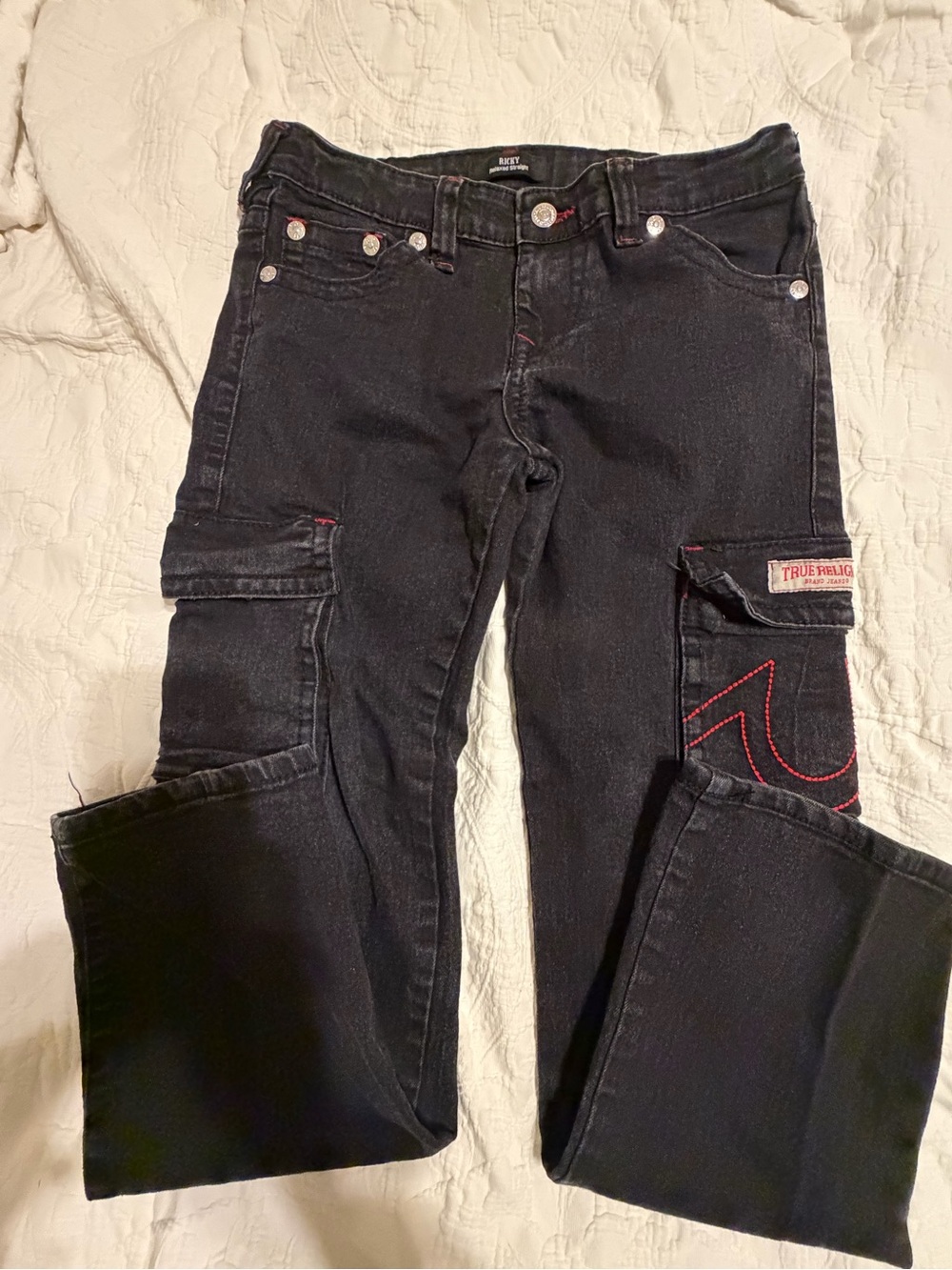 True Religion Kids Black Cargo Jeans with Red Stitching